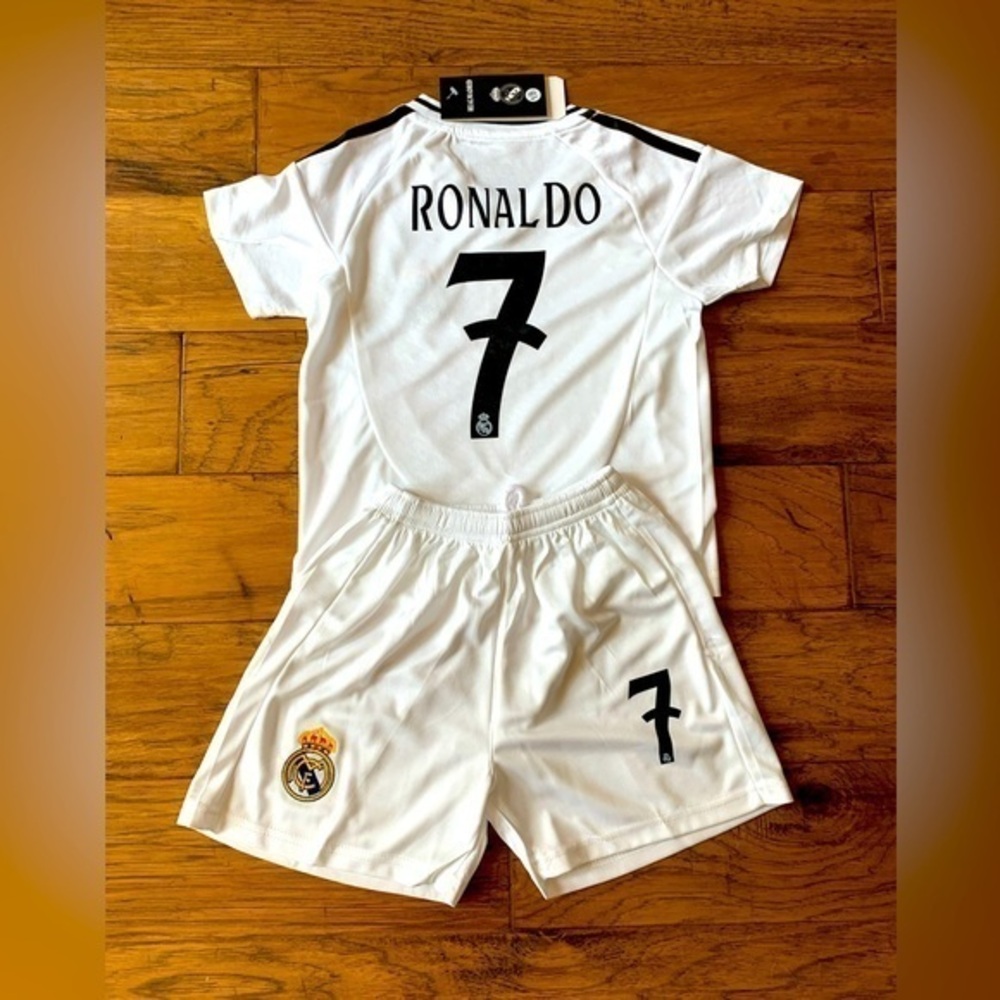 Kids White Ronaldo 7 Matching Set - Soccer Jersey & Shorts